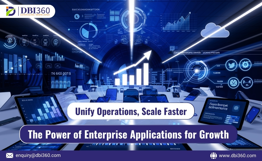 Graphic showcasing enterprise applications as a catalyst for growth, highlighting business needs, integration, and future readiness.