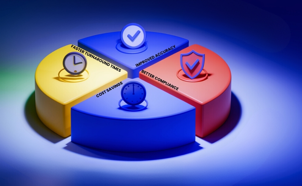 A 3D pie chart with segments labeled: cost savings, faster turnaround times, improved accuracy, and better compliance.